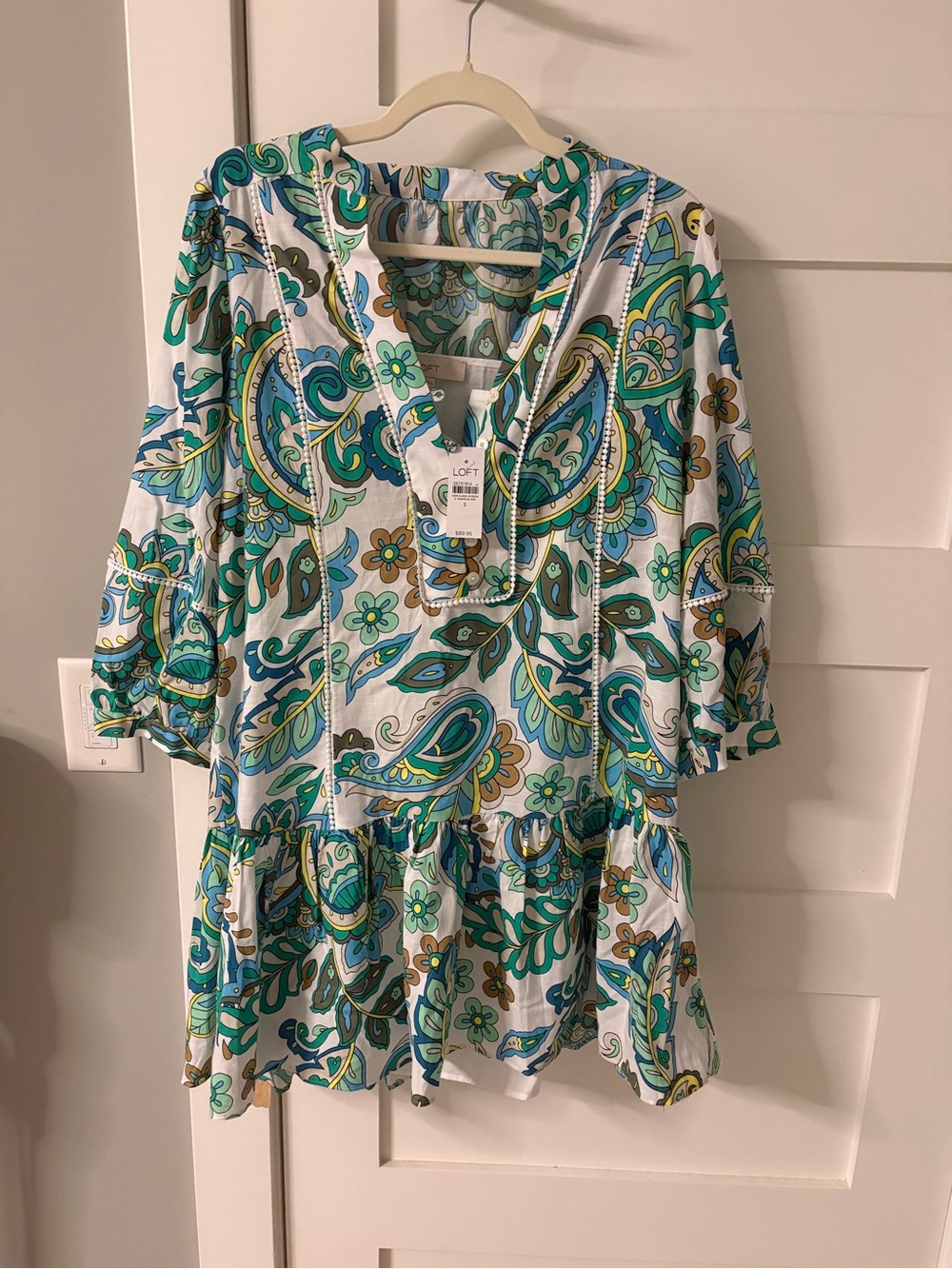 LOFT Teal, Green & White Paisley Peasant Dress - Size Small